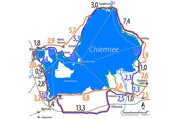 Wegstreckenabschnitte für den Chiemsee Rundweg und den Chiemsee Radweg  Grafik: Claus Linke, Chiemseeagenda