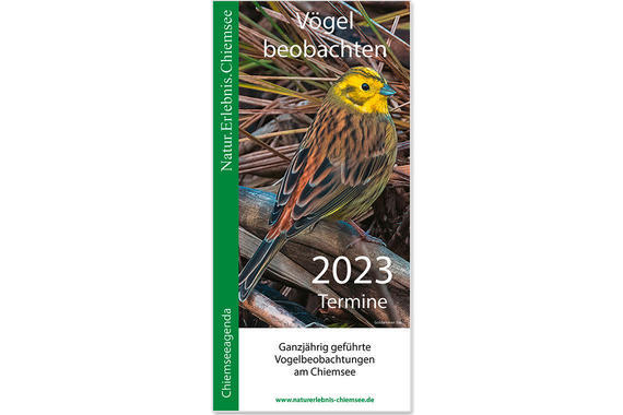Titelseite Faltblatt "Vögel beobachten 2023" Termine  Grafik: Chiemseeagenda