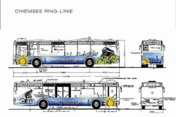 So sollen die beiden Chiemsee-Ringbusse des RVO aussehen. Die Fahrzeuge, zwei nagelneue Niederflurbusse mit jeweils knapp 50 Sitzplätzen, und die Anhänger mit Platz für je 20 Fahrräder, stehen schon in Rosenheim. Bis zur Eröffnung der Linie am 26. Mai sol