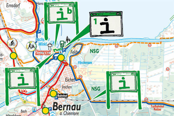 Übersichtskarte: Infovitrinen und Sondertafeln in Bernau am Chiemsee  Grafik: Claus Linke