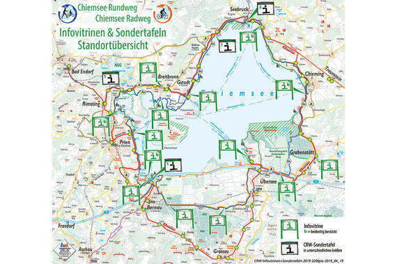 Übersichtskarte CRW-Infovitrinen und Sondertafeln  Grafik: Claus Linke  Karte: Kartenverlag Huber